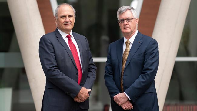 Ken Henry (left) is handing over his job as chair of the ANU’s Sir Roland Wilson Foundation to Martin Parkinson. Photo: Jamie Kidston/ANU.