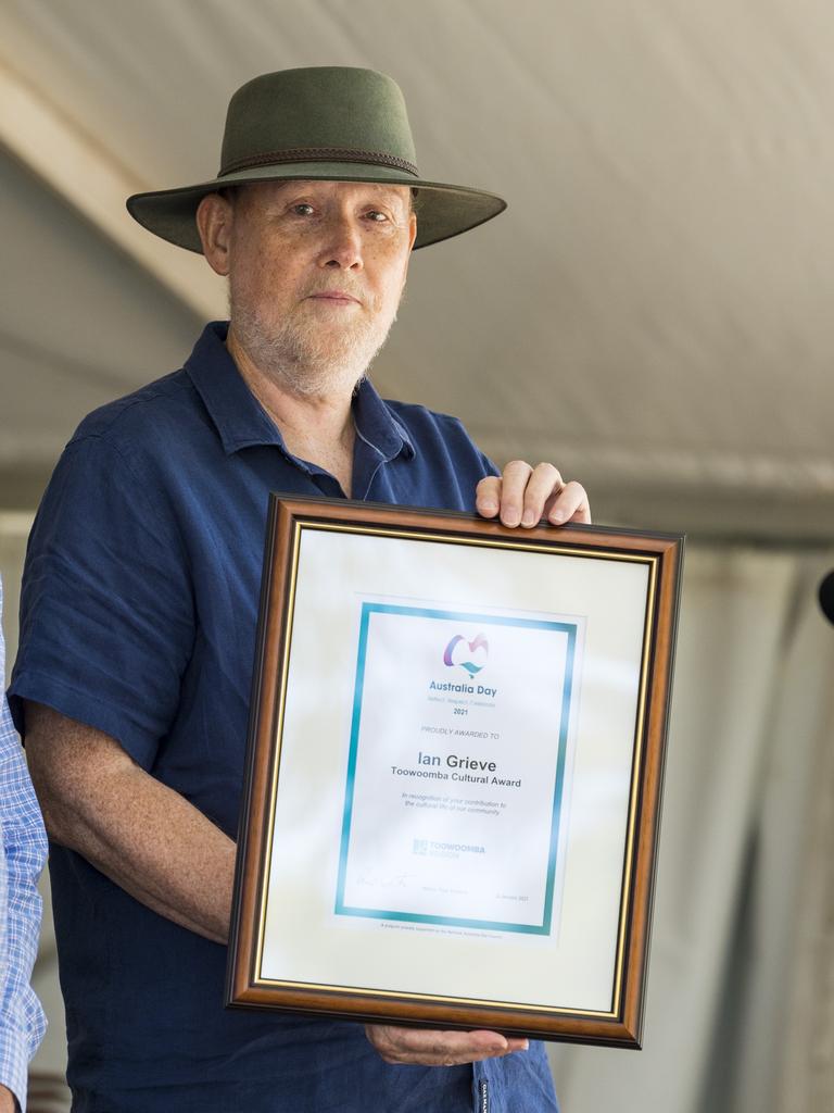 Ian Grieve accepts the Toowoomba Cultural Award during Toowoomba Australia Day award presentations and celebrations at Picnic Point, Tuesday, January 26, 2021. Picture: Kevin Farmer