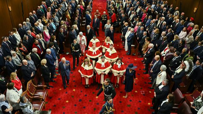 King Charles and Queen Camilla walk to their chairs to open the first session of the 45th parliament of Canada. Picture: Ben Stansall – Pool/Getty Images