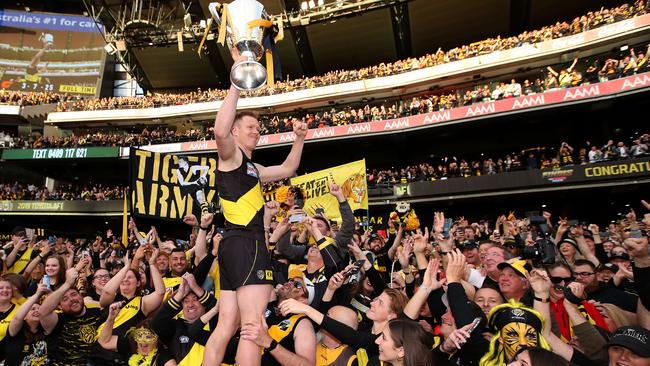 Could this year’s premier celebrate in front of 100,000 fans like Jack Riewoldt and the Tigers did last year? And on a Sunday night? Picture: Phil Hillyard