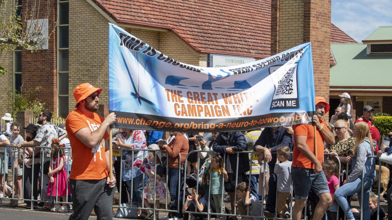 Tanner and Brendon Smith. The Great White Campaign float in the Grand Central Floral Parade. Saturday, September 17, 2022. Picture: Nev Madsen.