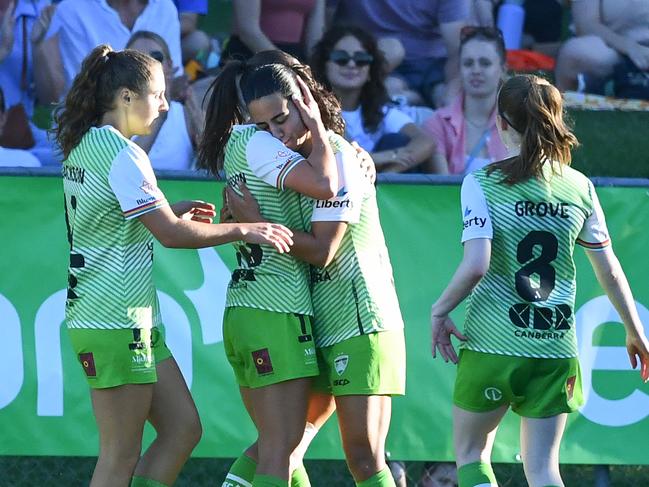 Canberra United celebrates a goal during the A-League Women round 22 match against Brisbane Roar. Picture: Getty Images