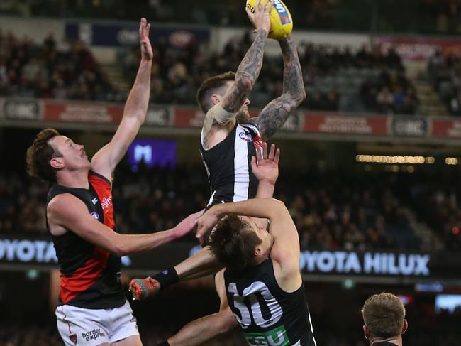 Jeremy Howe flies for a spectacular mark against the Bombers. Picture: Michael Klein