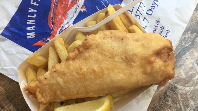 Battered fish with a small serve of chips from Manly Fish Market