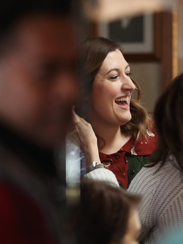 Celia Pacquola between takes on location for the production of Rosehaven season 3 at the Longley International Hotel. Picture: LUKE BOWDEN