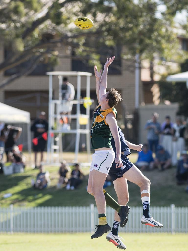 William Rogers of Goondiwindi Hawks against Coolaroo in AFL Darling Downs Allied Cup senior men grand final at Rockville Park, Saturday, September 2, 2023. Picture: Kevin Farmer