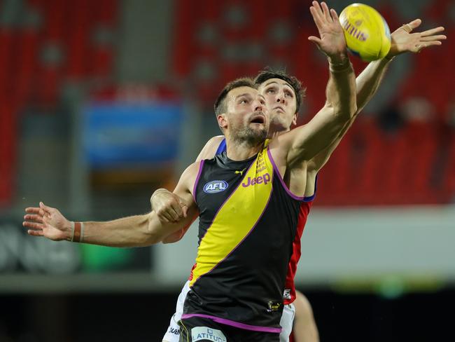 Toby Nankervis proved a handful for Oscar McInerney and the Lions. Picture: AFL Photos/Getty Images