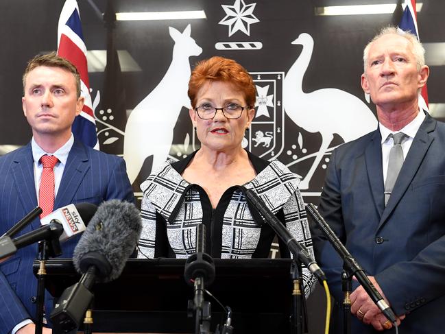 One Nation leader Pauline Hanson alongside James Ashby (l) and Steve Dickson. Picture: Getty