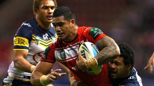 Peter Mata'utia of the Dragons is tackled by the Cowboys defence during the round 17 NRL match between the St George Illawarra Dragons and North Queensland Cowboys, at WIN Stadium, Wollongong, Australia, on Saturday 04 July, 2015. Photo: Renee McKay/Daily Telegraph