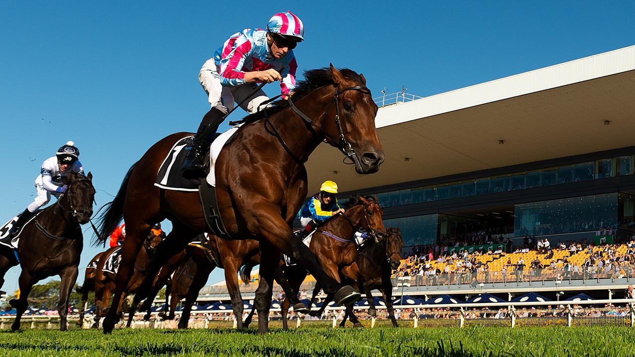 James McDonald wins the Group 2 Champagne Classic at Doomben on Dubious. Picture: AAP