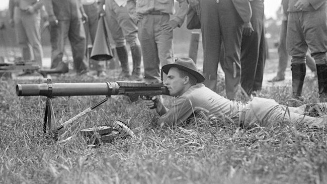 The Lewis gun during a test in America shortly after its invention. Picture: Supplied