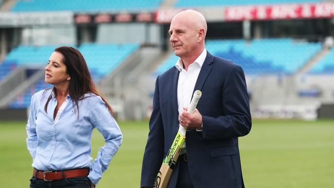 Premier Peter Gutwein with Minister for Sport Jane Howlett. Tasmanian Premier Peter Gutwein at Blundstone Arena in relation to Hobart securing an Ashes Test. Picture: Nikki Davis-Jones