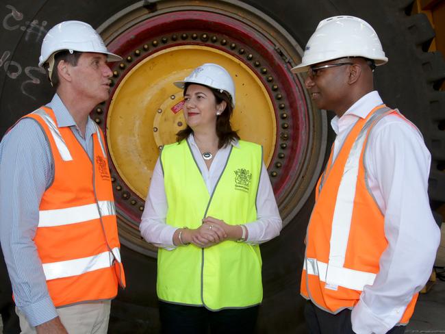 Mines minister Anthony Lynham and Premier Annastacia Palaszczuk in Mackay with Adani CEO Jeyakumar Janakara to announce the go ahead of the Carmichael Mine. Picture: Tim Marsden