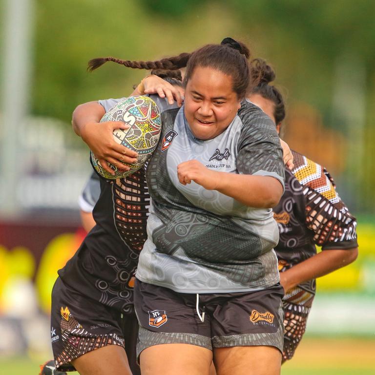 Christabel Aigea Faatoafe as the Indigenous All Stars take on the Territory All Stars in the senior women's rugby league Deadly Cup. Picture: Glenn Campbell