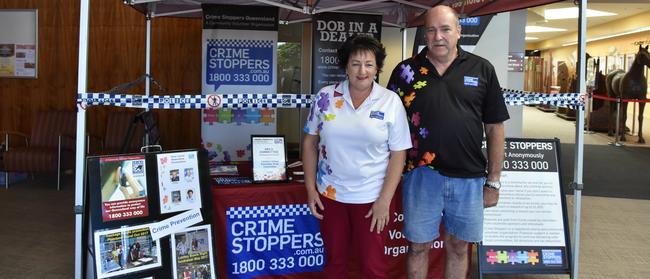 Greg Steffens and Janice Holstein at the stand the committee set up in preparation for National Crimestoppers Day at the Lockyer Valley Cultural Centre.