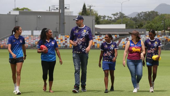 AFL Cape York House boarding supervisor and mentor Tiarna Ahwong, boarding coordinator Sodyla Kris, Labor Leichhardt candidate Matt Smith, Yorke Island student Jessie-Ella Mosby, senator Nita Green and Mornington Island student Shinaya Wilson. Picture: Arun Singh Mann