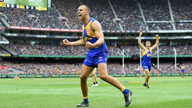 The Eagles’ Dom Sheed after kicking a goal in final two minutes of the 2018 AFL Grand Final at the MCG. Picture: Nicole Garmston