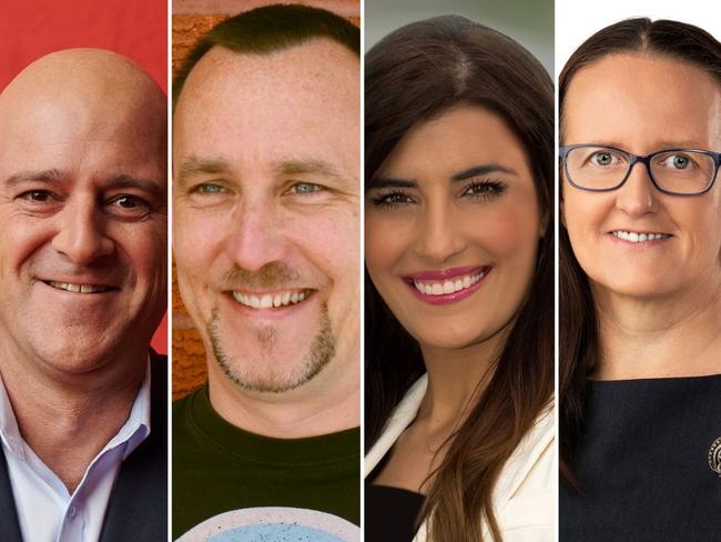 (L-R) Labor candidate Simon Earle, Sustainable Australia Party Nick Hughes, Liberal MP Eleni Petinos, Independent candidate Gaye Cameron. Pictures: Supplied