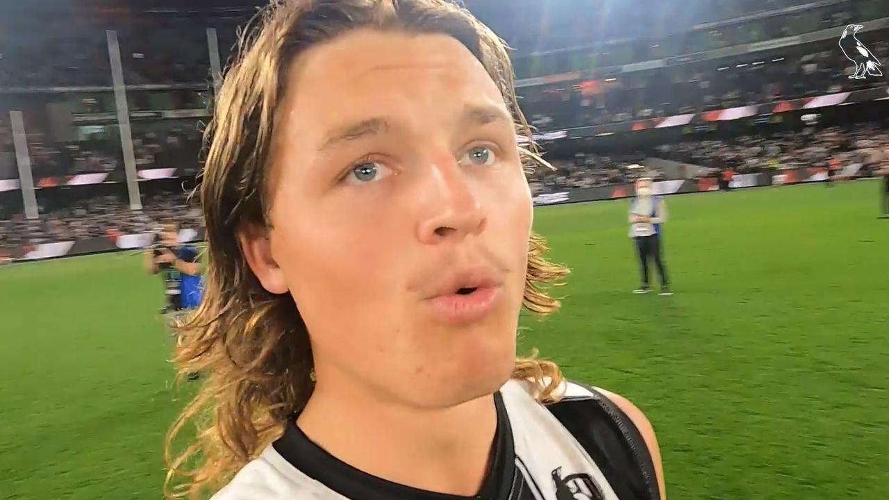 Jack Ginnivan celebrating the Pies win.