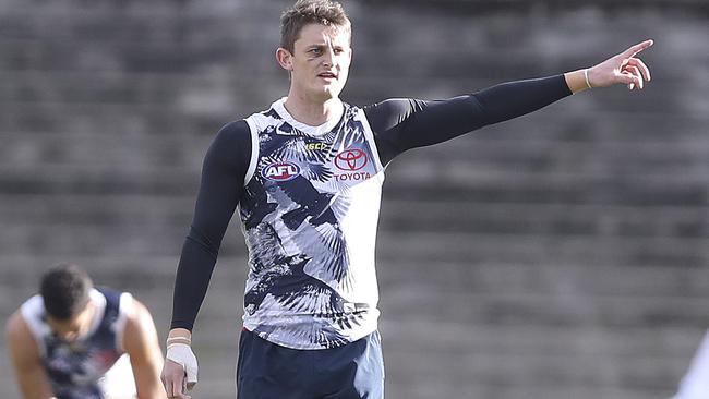 Matt Crouch’s heavily bandaged hand at Crows training this week. Picture Sarah Reed