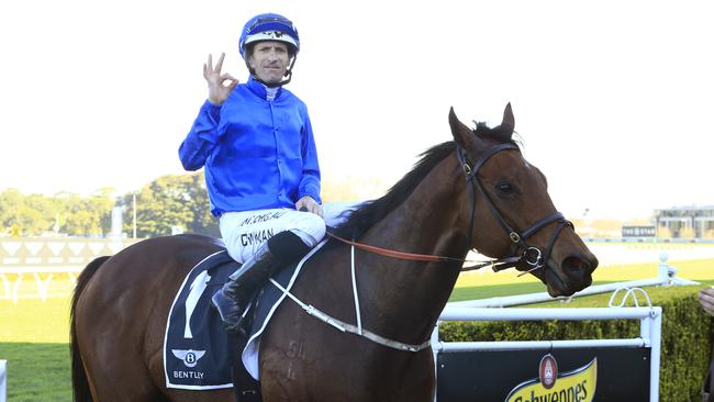 Hugh Bowman was all smiles after Viridine’s win. Picture: AAP