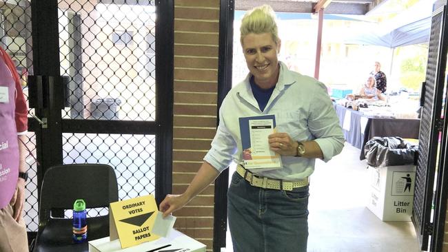 QLDVOTES24: Bundaberg LNP candidate Bree Watson casts her ballot at the Avoca polling booth,