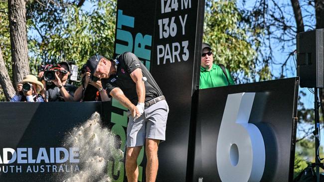 Tournament leader Talor Gooch from USA chips on a par 3 during day 3 of the 2023 Liv Golf tournament in Adelaide on April 23, 2023. (Photo by Brenton Edwards / AFP)