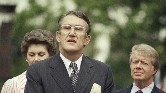 Then Australian prime minister Malcolm Fraser speaks beside Jimmy Carter at the White House in Washington. Picture: AP