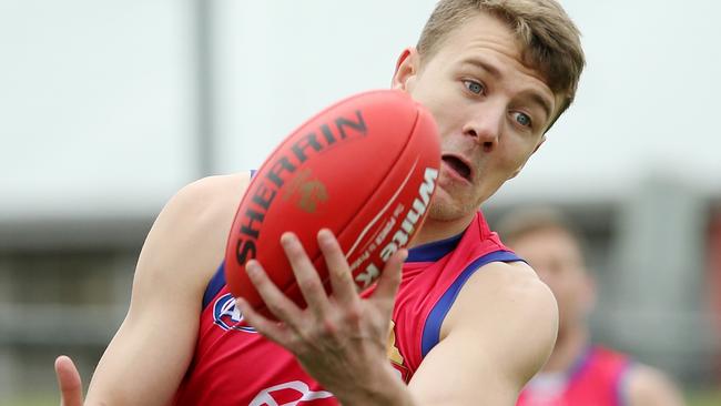 Jack Macrae edges out Luke Dahlhaus for a spot at Champagne Footy. Picture: Colleen Petch