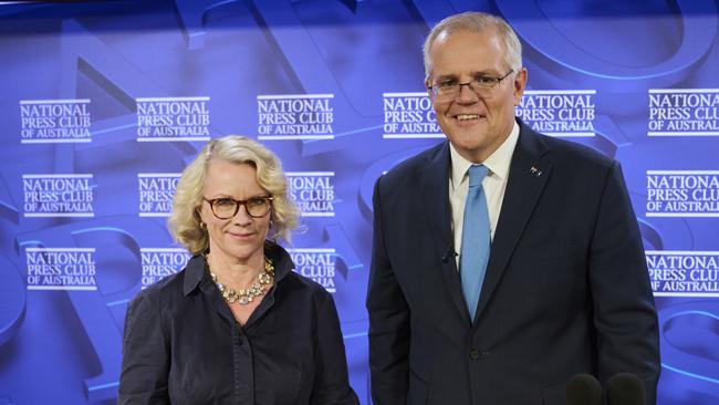 Prime Minister Scott Morrison with National Press Club President Laura Tingle. Picture: Getty Images