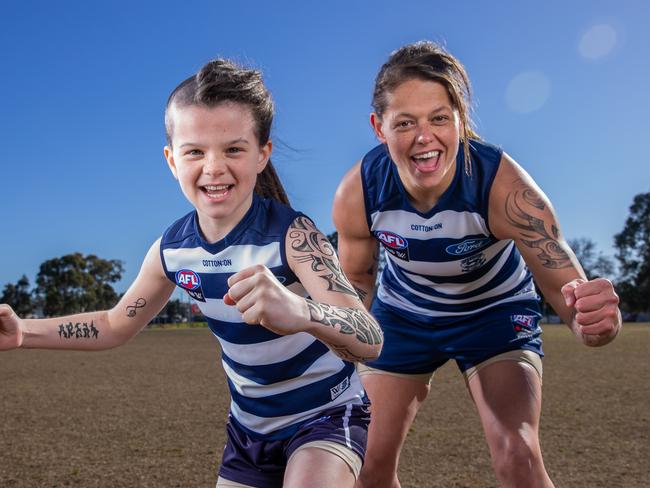 NAB Mini Legends photo shoot with Geelong's Richelle Cranston and her Mini Legend, Grace (8 years old) Picture by Wayne Taylor/Getty Images 26th August 2019. MEID 775393033