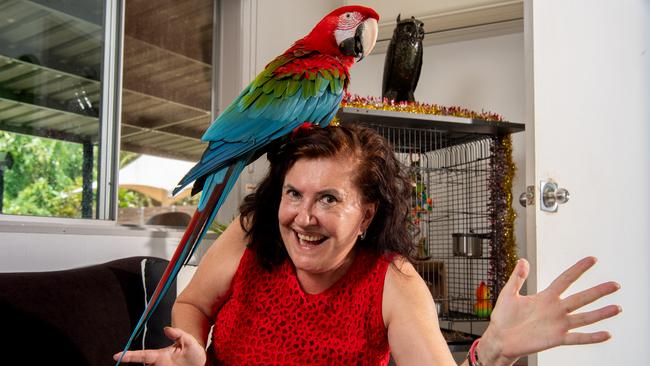 Dr Julia Sykley with her bird, Roxara, who had a big two nights buzzing around Darwin. Picture: Pema Tamang Pakhrin