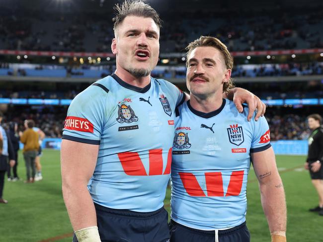 Roosters Angus Crichton (L) and Connor Watson (R) of the Blues celebrate after winning game two of the men's State of Origin series. Picture: Getty Images