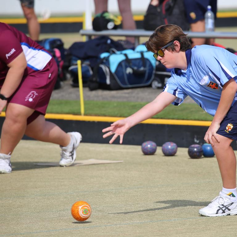 Action from the Australian Schools Super lawn bowls series played at Tweed Heads between Queensland, NSWCHS and Victoria. Liam Hungerford-Walsh in action. Picture: BOWLS QLD