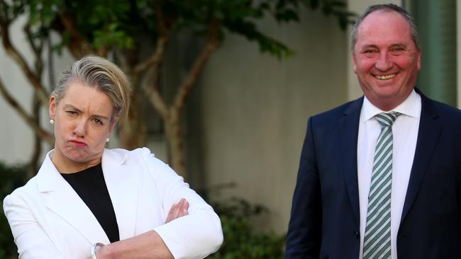 Deputy PM and Leader of the Nationals Barnaby Joyce and New Deputy National Leader Bridget McKenzie having fun with the cameras at Parliament House in Canberra.