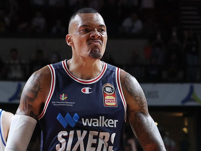 ADELAIDE, AUSTRALIA - DECEMBER 24: Jacob Wiley of the 36ers reacts after the win during the round 12 NBL match between Adelaide 36ers and Brisbane Bullets at Adelaide Entertainment Centre, on December 24, 2023, in Adelaide, Australia. (Photo by Sarah Reed/Getty Images)