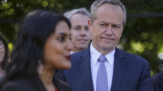 Bill Shorten looks on as candidate for Deakin Shireen Morris speaks to the media. Picture: Wayne Taylor