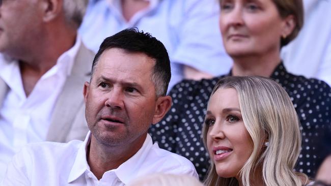 Ricky Ponting and his wife Rianna seated in front of Qantas boss Vanessa Hudson.