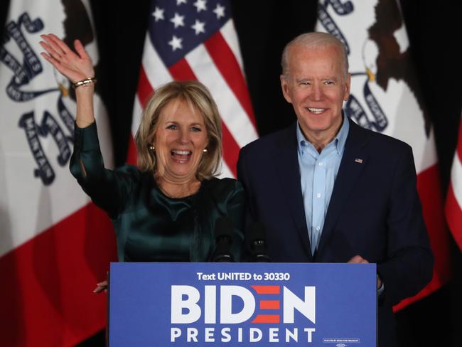 Democratic presidential candidate Joe Biden, right, with his wife Dr Jill Biden in Iowa. Picture: AFP