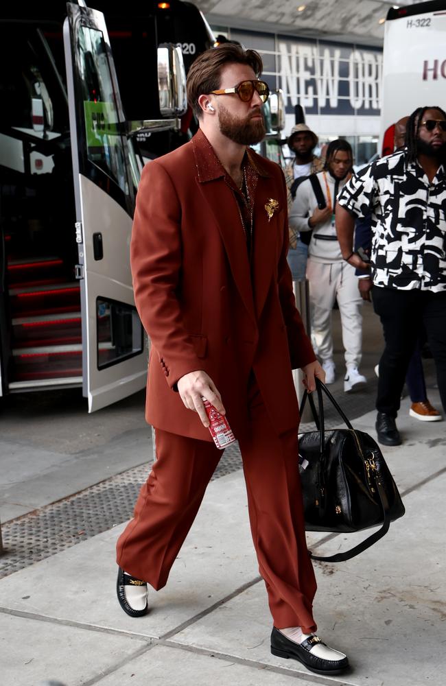 Travis Kelce exudes 70s cool at the Super Bowl. Picture: Getty Images