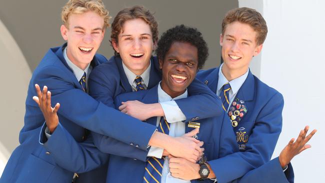 A 17-year-old Waynead Wolmby graduating from Year 12 at Marist College Ashgrove with friends, Nick Loughnan, Will McVeigh and Nick Scmidhauser. Picture: Annette Dew