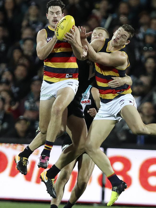 Mitch McGovern takes a huge mark and goals to put the Crows in front during the last quarter of Showdown 44 before injuring himself in the dying seconds. Picture Sarah Reed