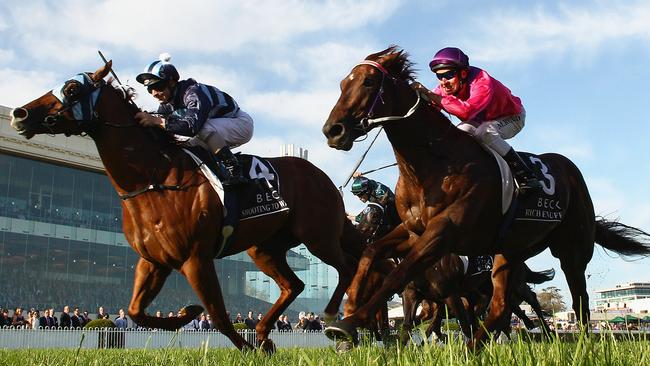 Ken Keys fell short with Rich Enuff (right) in the 2014 Caulfield Guineas. Picture: Getty Images