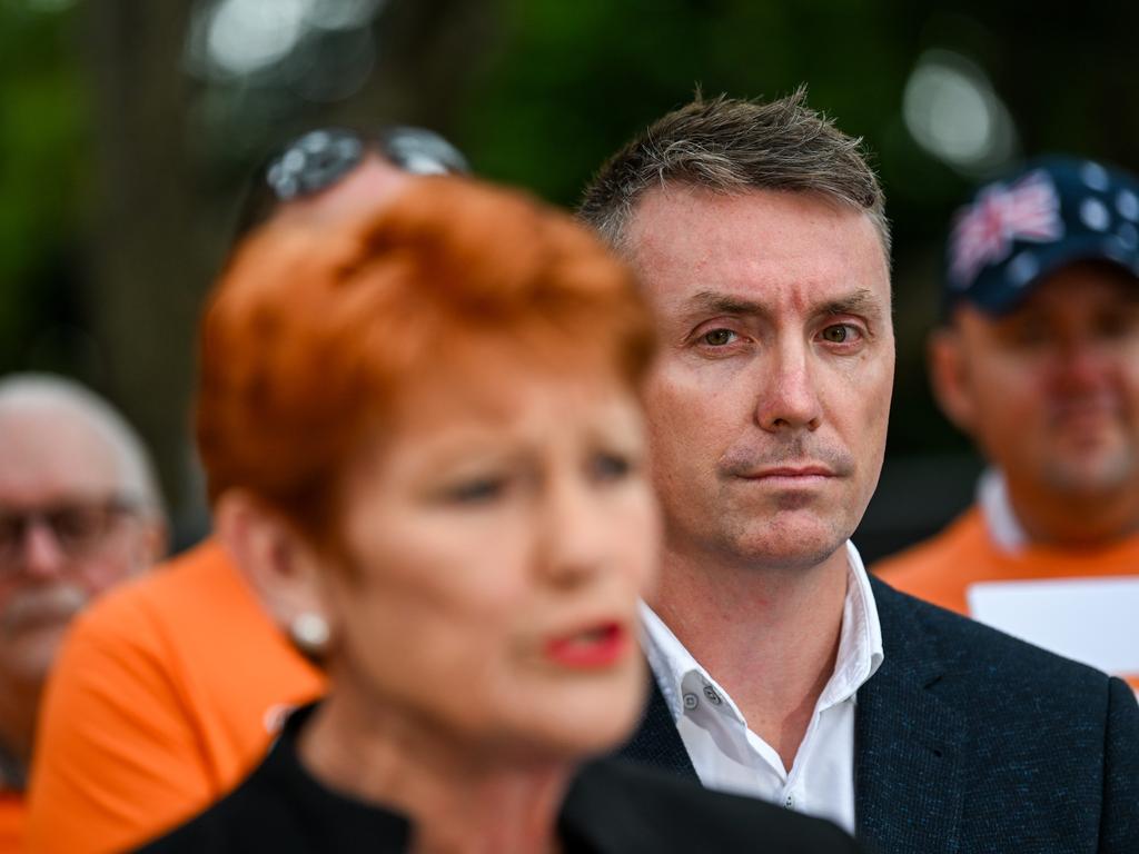 One Nation leader Senator Pauline Hanson and the party’s Queensland leader James Ashby attend a press conference to declare their preferences in the upcoming state election, outside Parliament House in Brisbane. Picture: Dan Peled / NewsWire