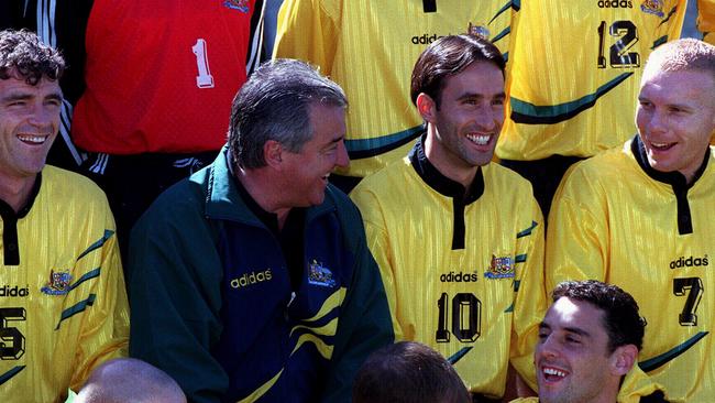 Alex Tobin with coach Terry Venables, Aurelio Vidmar and Robbie Slater, 1997.