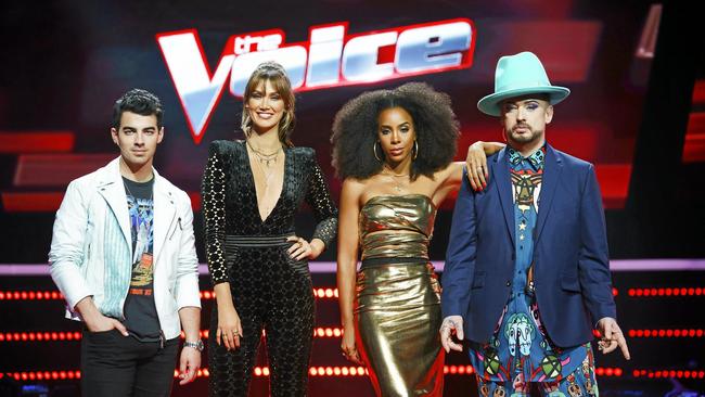 With fellow The Voice judges and mentors Delta Goodrem, Kelly Rowland and Boy George. (Pic: Channel 9)