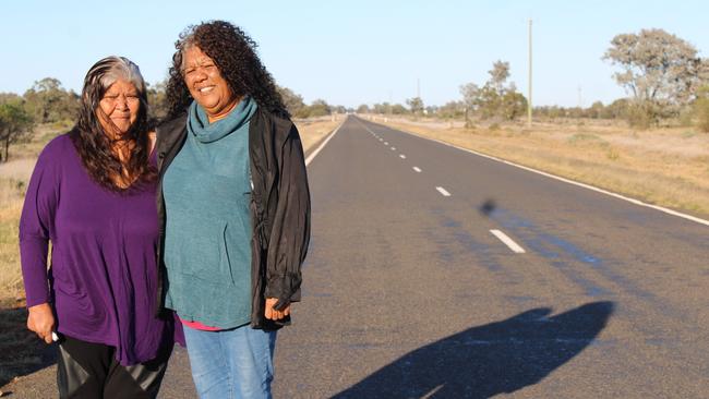 June and Fiona Smith in Bourke near the site of the tragic car accident where June's daughter Mona-Lisa and her cousin Cindy died in 1987. Picture: Bronwyn Wood