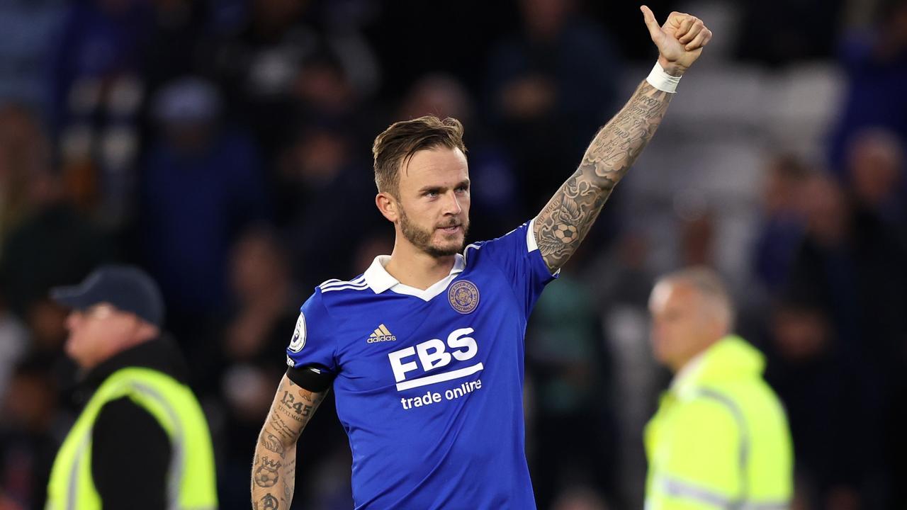 James Maddison celebrates after victory in the Premier League match between Leicester City and Nottingham Forest at The King Power Stadium.