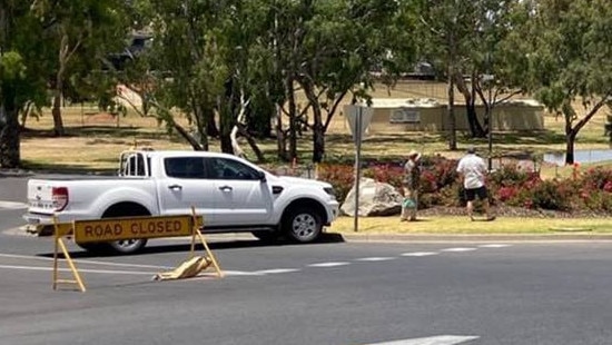 A large section of Sturt Reserve in Murray Bridge has been closed off to cars and pedestrians as the river peaks. Picture: Supplied