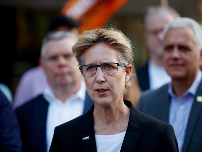 SYDNEY, AUSTRALIA - NewsWire Photos AUGUST 28, 2024: ACTU Secretary Sally McManus with Minister for Employment and Workplace Relations Murray Watt and TWU Secretary Michael Kaine with Transport Workers' Union, truck drivers, food delivery riders and parcel couriers as they make landmark applications for fairer work conditions on Wednesday. Picture: NewsWire / Nikki Short